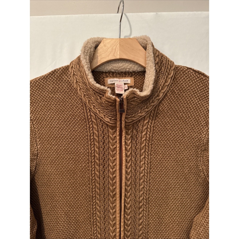 Carbon 2 Cobalt Sweater Full Zip Brown Sherpa Lined Collar Large 100% Cotton